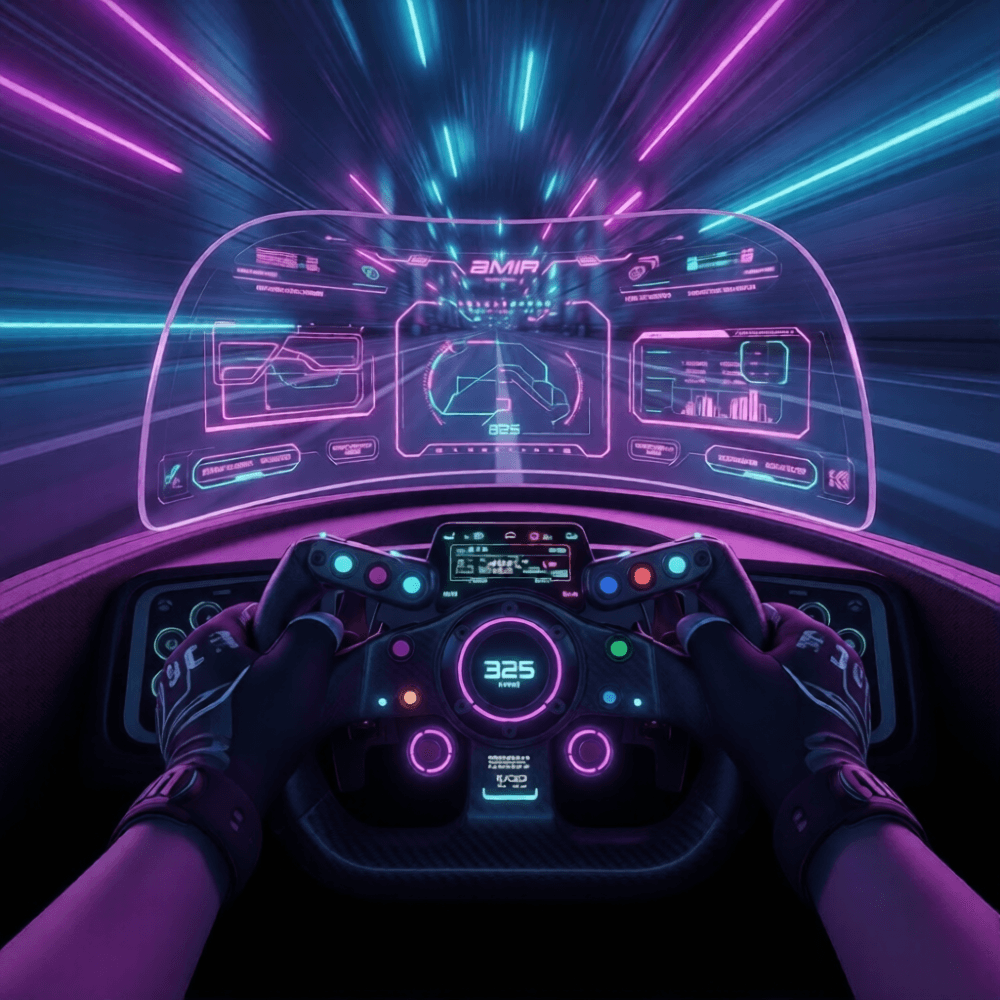 First-person view of VR racing with futuristic steering wheel and holographic HUD